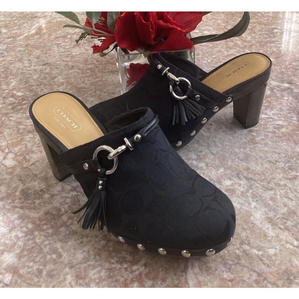 Coach SHASHA Signature Black Tassel clogs mules shoes Size 8B, EUC!‎ $295